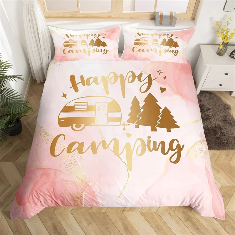 Happy Camping Duvet Cover Full Sport Theme Travelling Car Camper Trailer Quilt Cover Microfiber Farmhouse Wood Barn Bedding Set