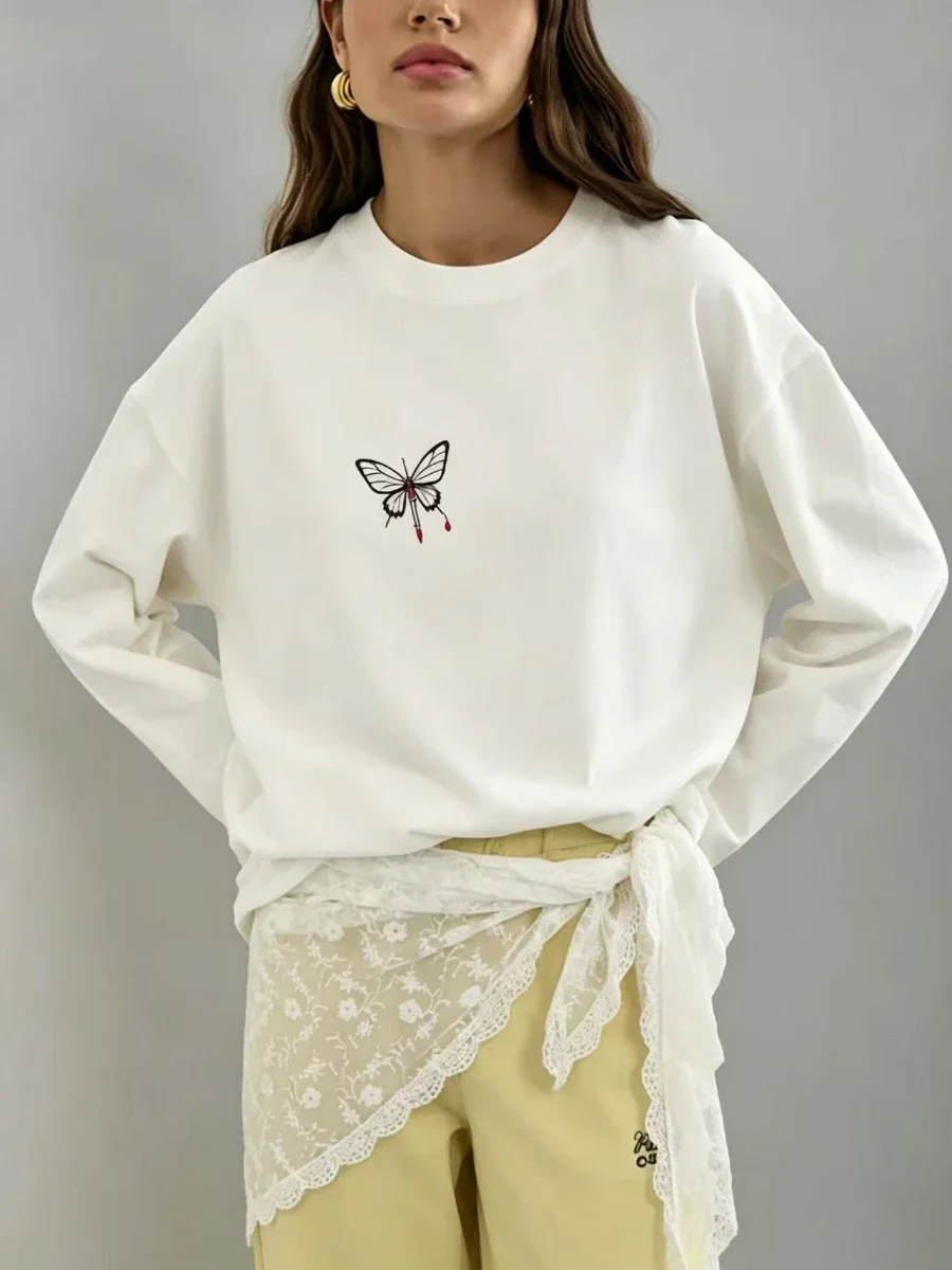 Spring Autumn 100% Cotton Women's Casual Small Butterfly Print T-shirt Fashion  Printed Long Sleeve Female Loose Versatile Top