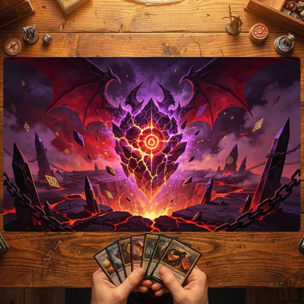 Infernal Demon Dragon TCG Playmat 35X60CM Lava Rift Spires Chains Battle Mat Non‑Slip Durable Stitched Edge Tabletop Playmat