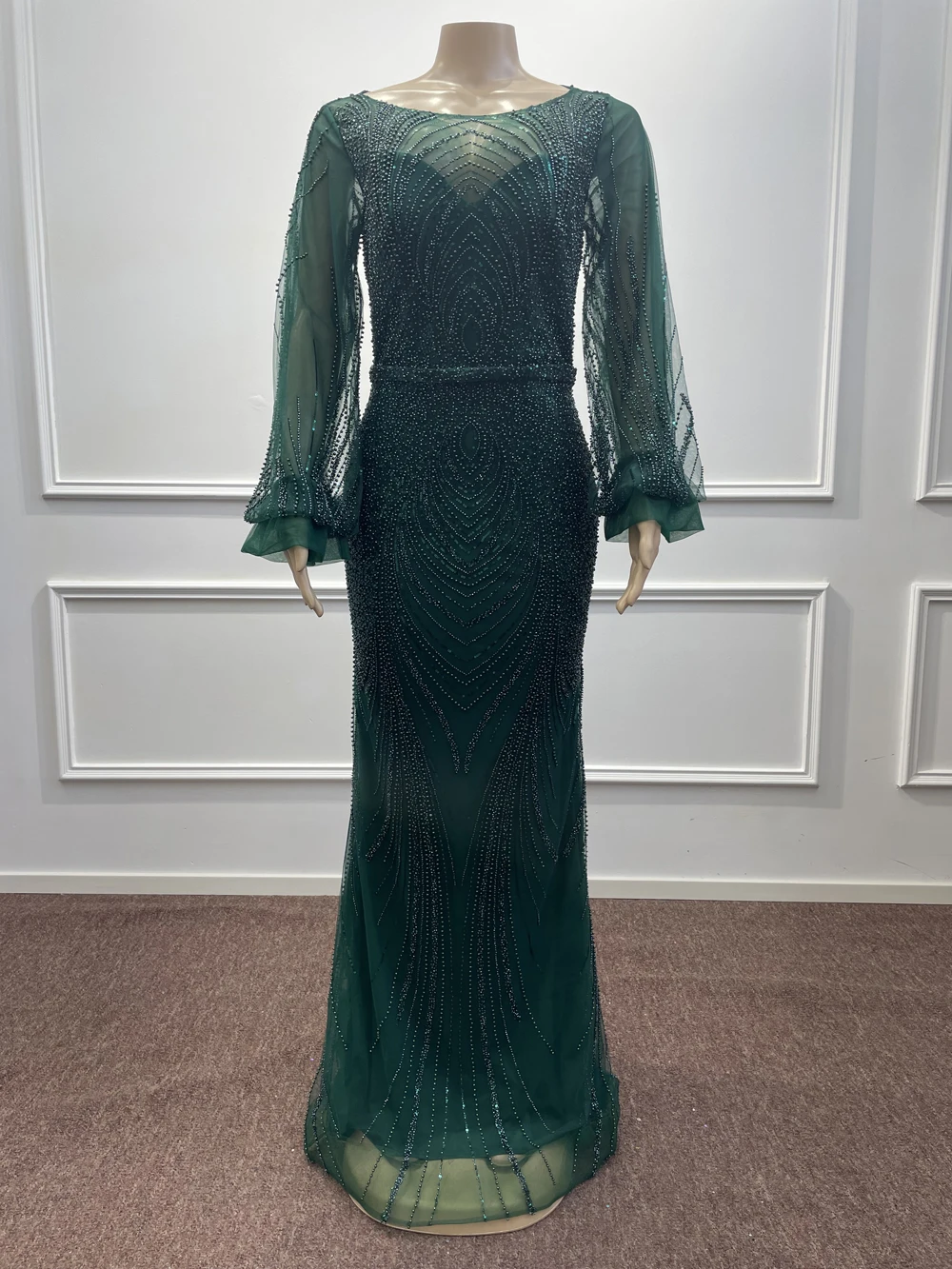 Dark Green Beading Evening Dresses Gowns 2024 Luxury Long Sleeve Mermaid Arabic Formal Party Prom Maxi Dress Women Vestidos