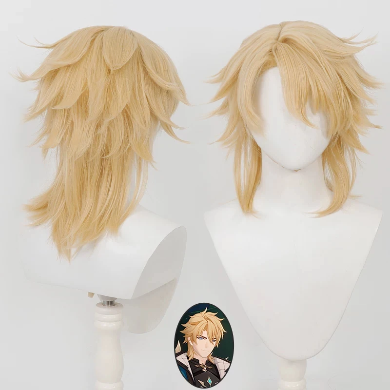 Peruca de Anime Varka para Cosplay, Perucas de Jogo Genshin, Peruca Sintética Curta Loira com Franja, Simulação de Couro Cabeludo, Peruca Masculina