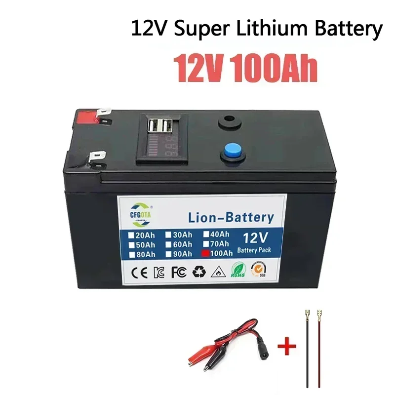 New 12V 100Ah lithium Battery Pack Lithium Iron Phosphate Batteries Built-in BMS For Solar Boat+12.6V Charger