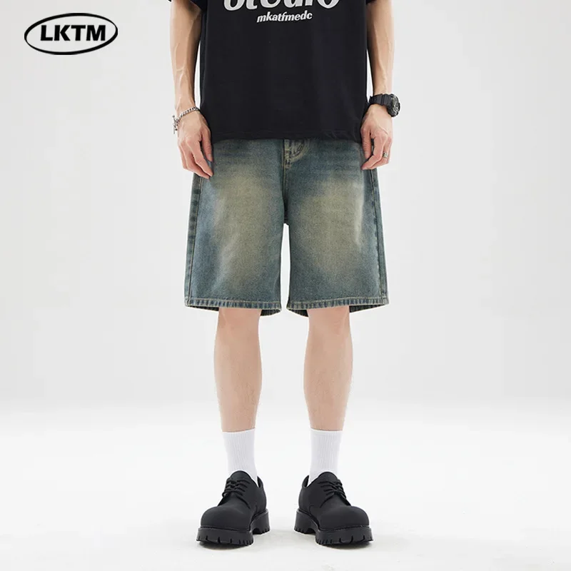 Pantalones cortos vaqueros hasta la rodilla con cremallera para hombre, pantalones cortos lisos con bolsillos a media cintura, holgados, informales, desgastados, lavados, empalmados, para verano