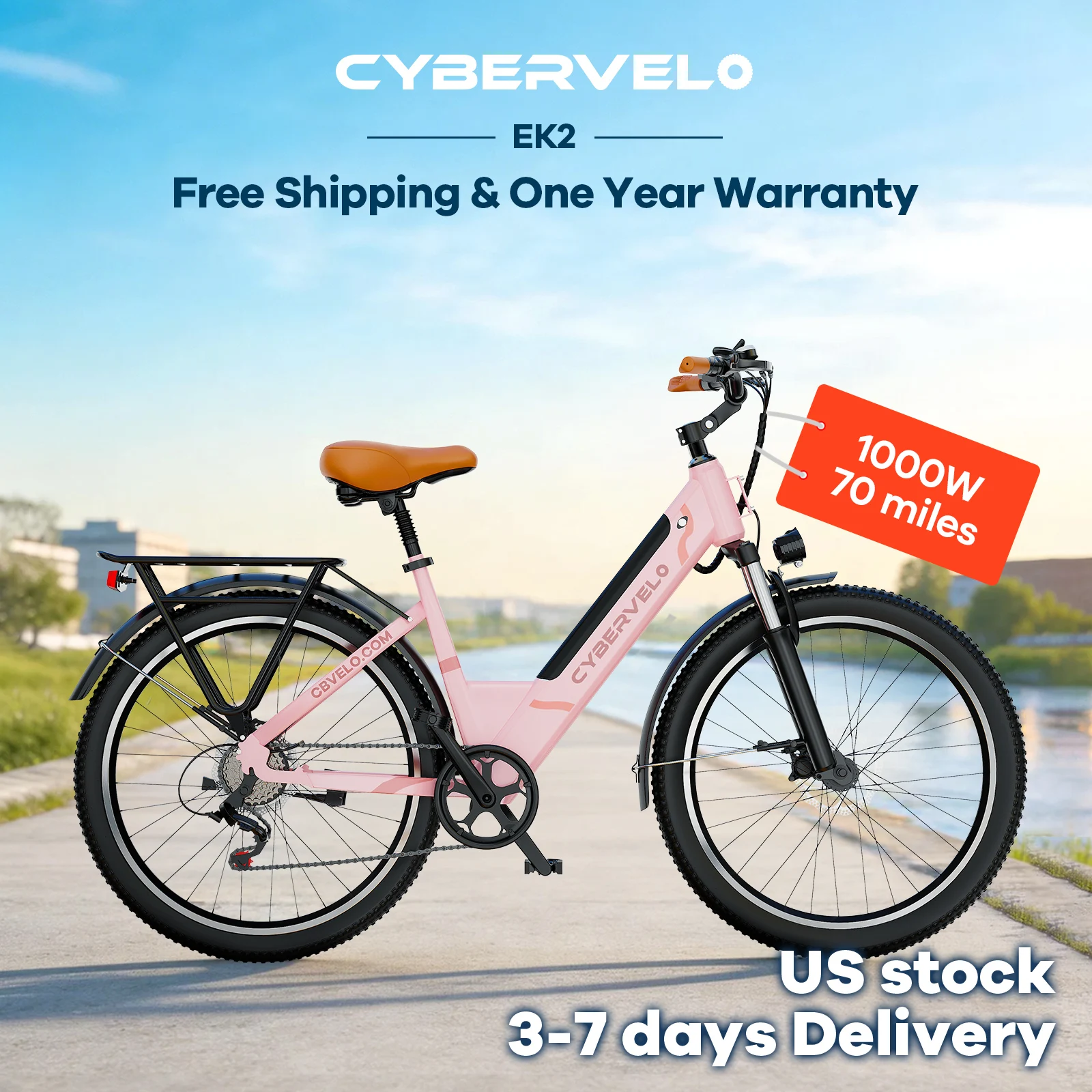 

1000W Peak 26" Step-Thru Electric Bike, 48V Detachable Battery, 7-Speed Adult Urban Commuter Ebike EK2