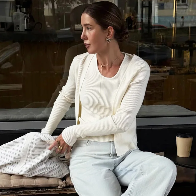 

Ticketsx Fashion Knitted Cardigan 2-Piece Set Female Solid Patchwork Slim Vest Ribbed Cardigan Elegant Commuter Women's Clothing