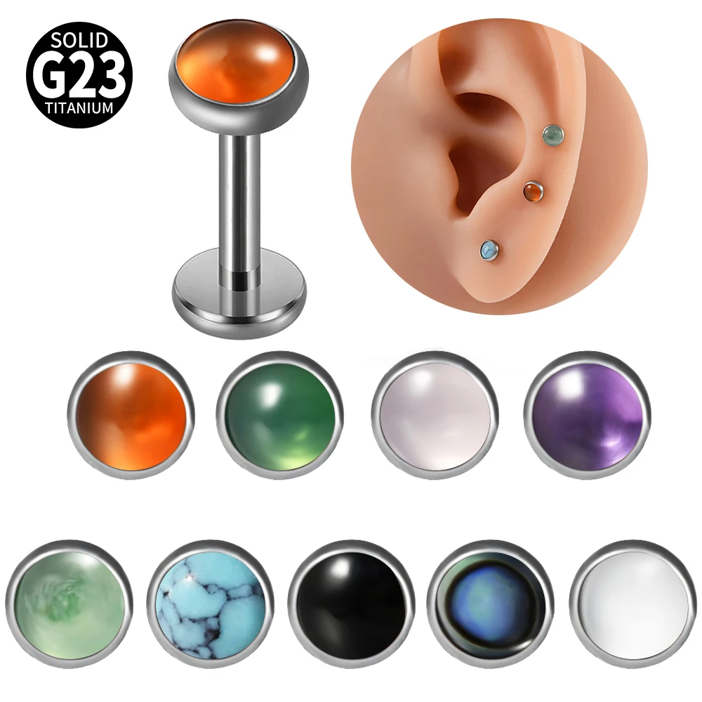 1/5PCS F136 Titanium Mini Circular Ear Lip Studs Natural Stone Top Labret Tongue Nose Stud Earrings Body Piercing Jewelry Women