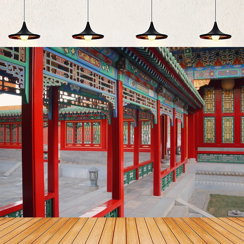 

Китай уличный фон для фотосъемки Пекин летний дворец красный деревянный традиционный здание красные фонарики фон настенный постер