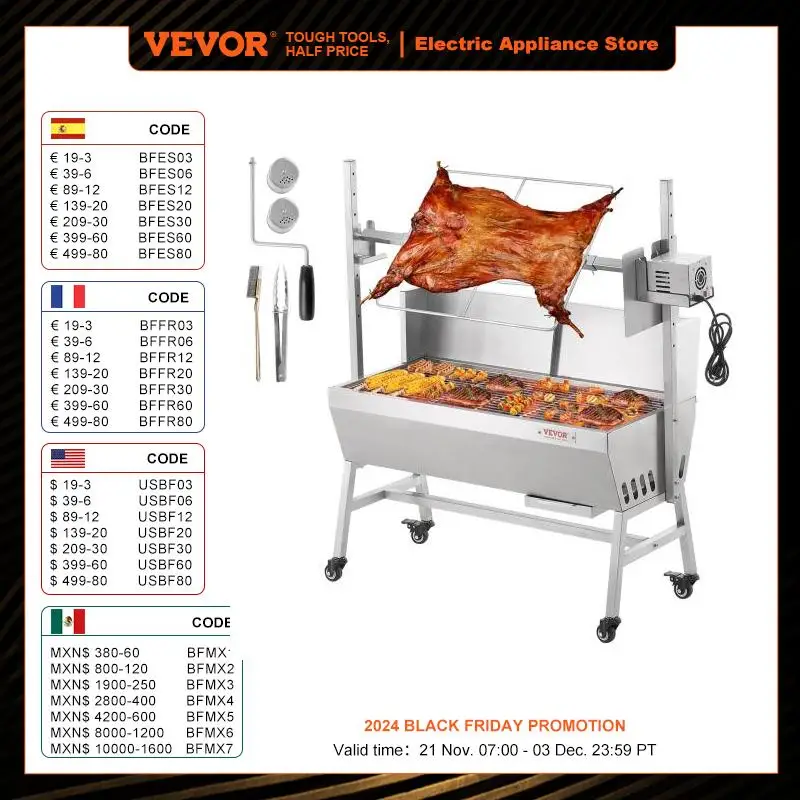 VEVOR 35inch Rotisserie Grill Electric Motor Charcoal Spit Grill Stainless Steel Roaster w/Lockable Wheels for Camping Outdoor