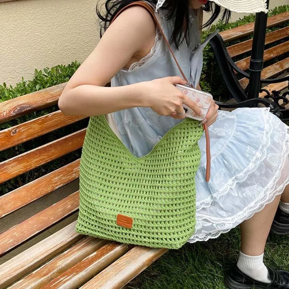

Shoulder Bag Casual Crochet Tote Bag Magnetic Button Korean Style Hollow Woven Bag Lightweight Cotton Knitting Handbag Summer