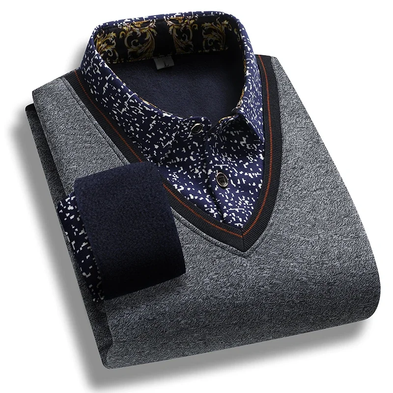 Business Casual Fleece Lined Pullover for Men Fake Vest Design Printed Shirt Collar Long Sleeve Everyday Warm Garment