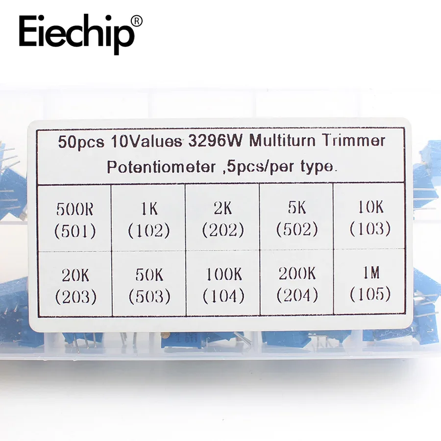 50pcs/lot 3296W series 500R 1K 2K 5K 10K 20K 50K 100K 200K 1M multi-turn potentiometer 10K Variable resistors  With box set