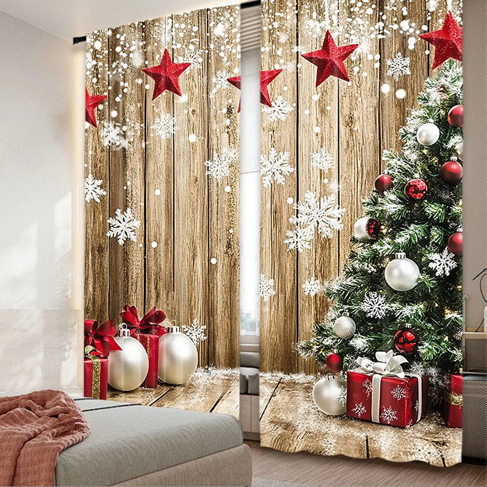 2Pcs Christmas Curtains Rustic Snow Christmas Tree Gifts For Christmas Party Decoration Suitable For Bedroom Living Room Dining