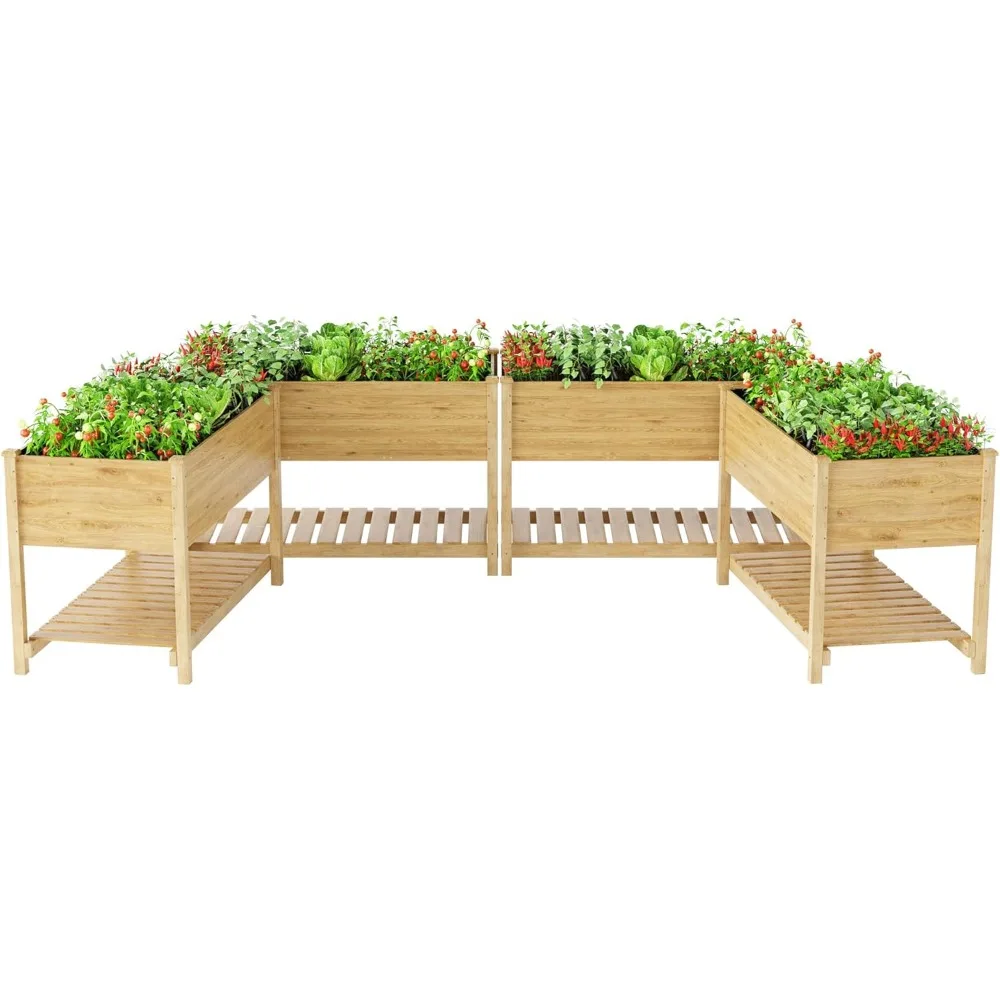 4 pcs Raised Garden Bed with Legs,Outdoor Elevated Cedar Wood Planter Box with Storage Shelf for Vegetables/Flowers/Herbs