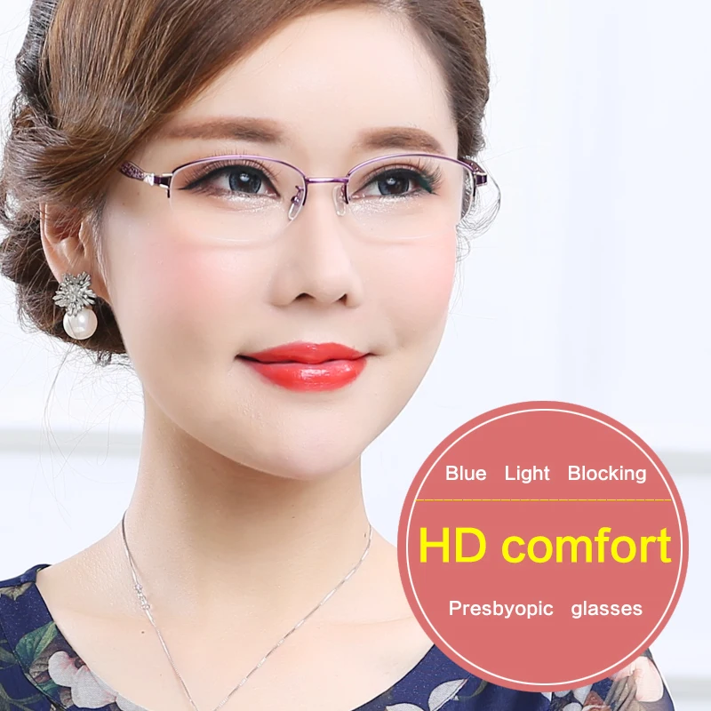 Blue light blocking Reading Glasses for Women, Ultra-lightweight Metal Half Frame, Computer Readers Anti UV/Eyestrain/Glare