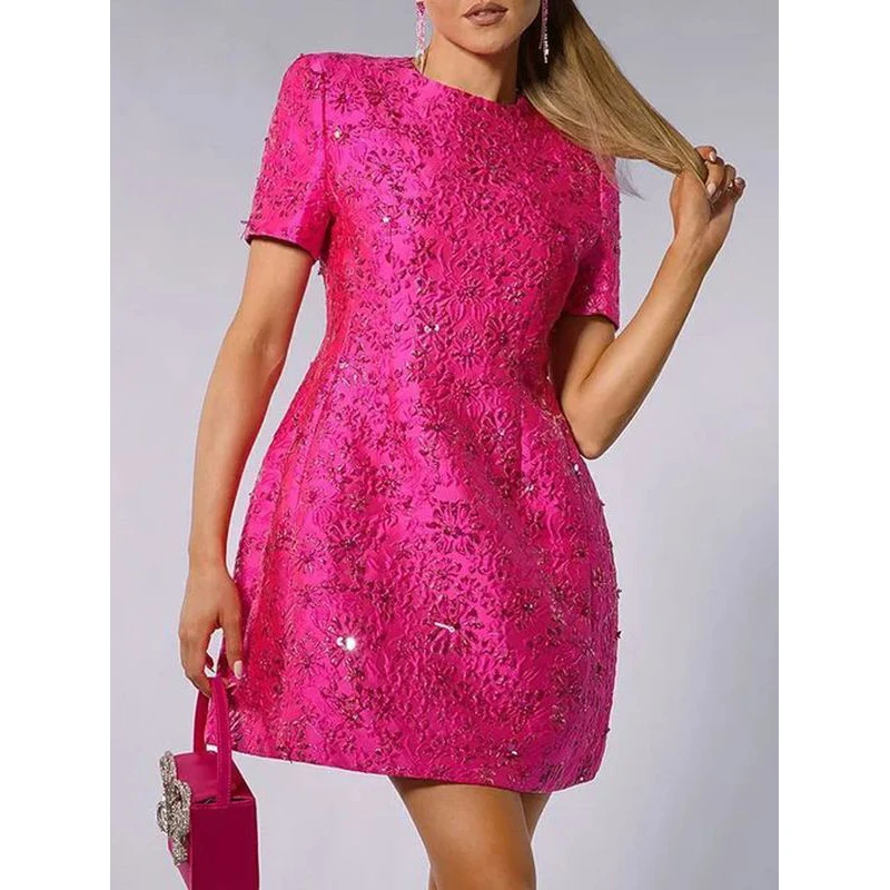 MSMUSI 2024 New Fashion Women Sexy Floral Diamond Crystal Sequins Short Sleeve Bodycon Party Club Event Slim Mini Dress Vestidos