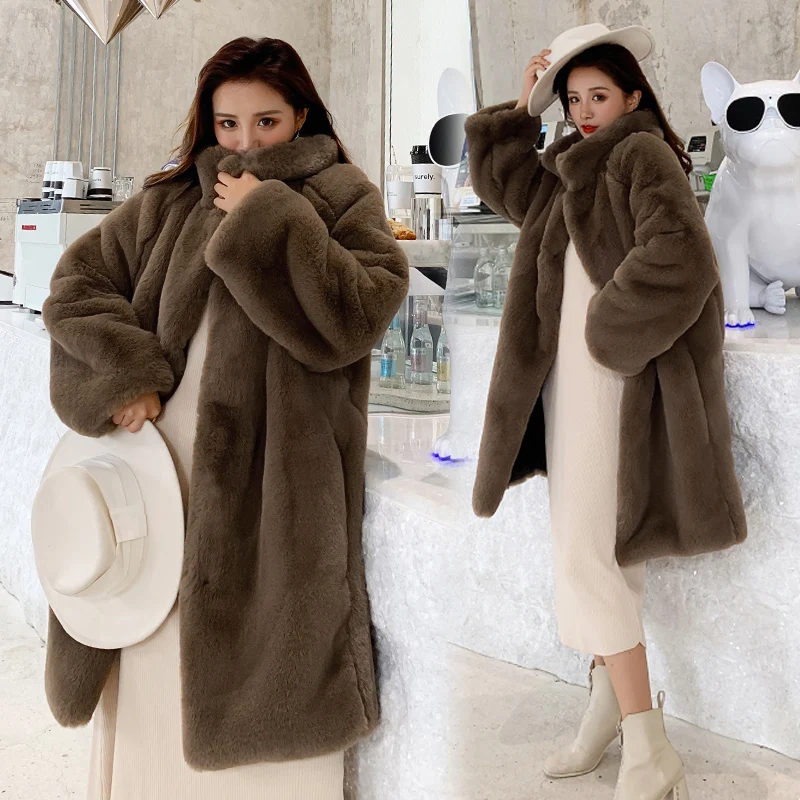 FIGOHR Women's Stylish Long Faux Fur Mink Coat women'S knee length stand-up collar cotton clip  Faux Fur Mink coat