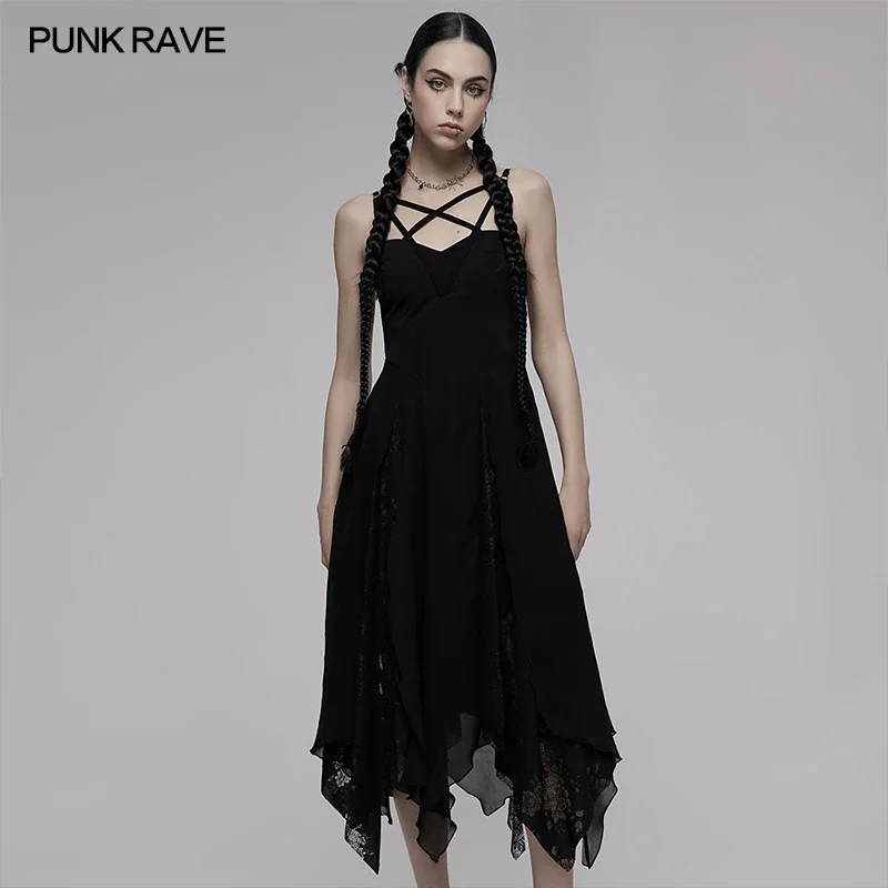 

PUNK RAVE Women's Gothic Dark Hollowed Out Cross Spray Painted Asymmetric Hem Dress Collect Waist Sexy Party Club Women Dresses