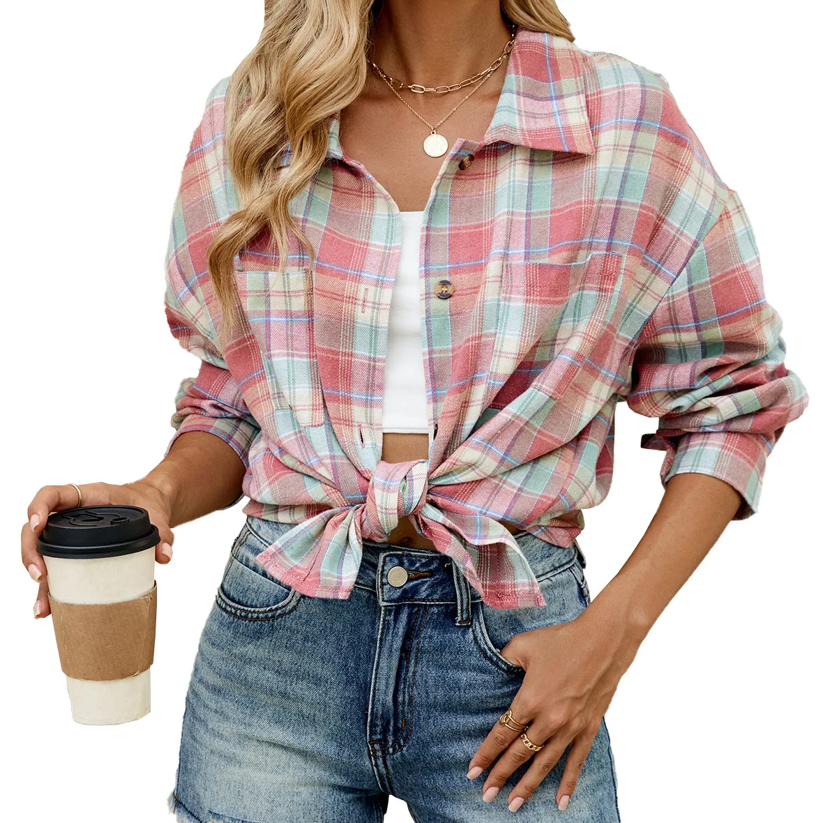 Autumn and Winter Casual Lapel Long Sleeve Pocket Button Plaid Shirt Top Women