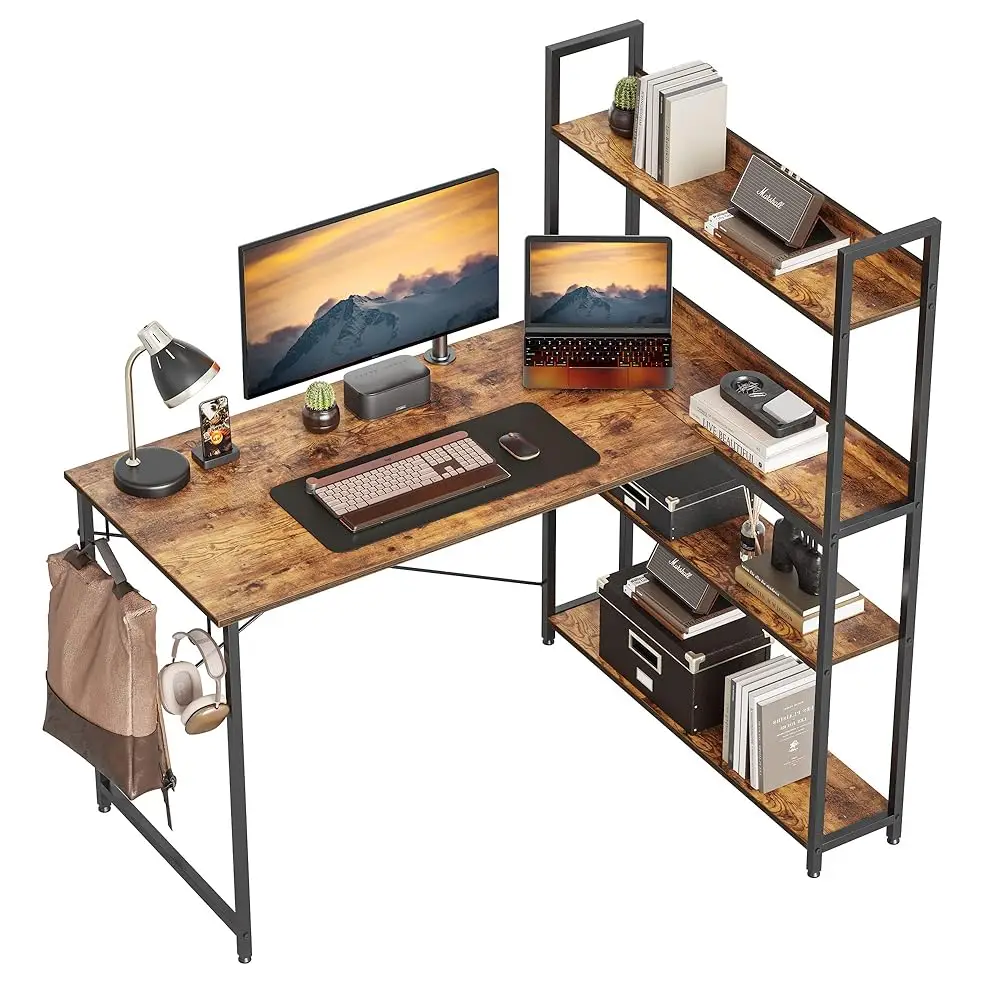 

Computer Corner Desk With Storage Shelves, 47 H Reversible L Shaped Desk With Bookshelf, Home Office Writing Desk With Hooks,