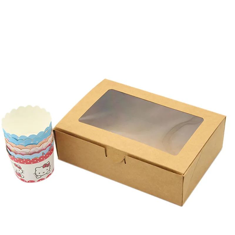 20pcs/lot 18*12*5cm 6 Cupcake brown Packaging kraft Paper Muffin window Box For moon cake/Candy/Cake/Dessert party Packing boxes