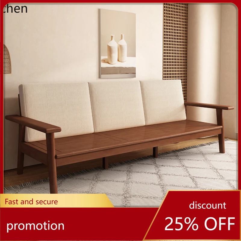 CZ Solid Wood Sofa  Living Room Straight Row Mid-century Style Furniture Winter Summer Dual-use Three-seater Fabric Sofa