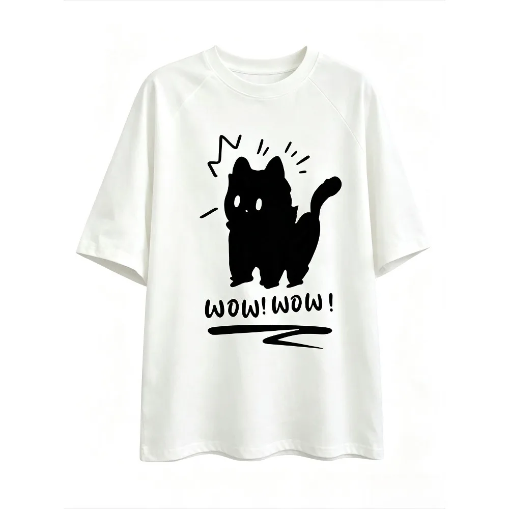 Surprised Kitten WOW Letter Graphic Men Raglan T Shirt Vintage Casual Short Sleeve Streetwear Tops
