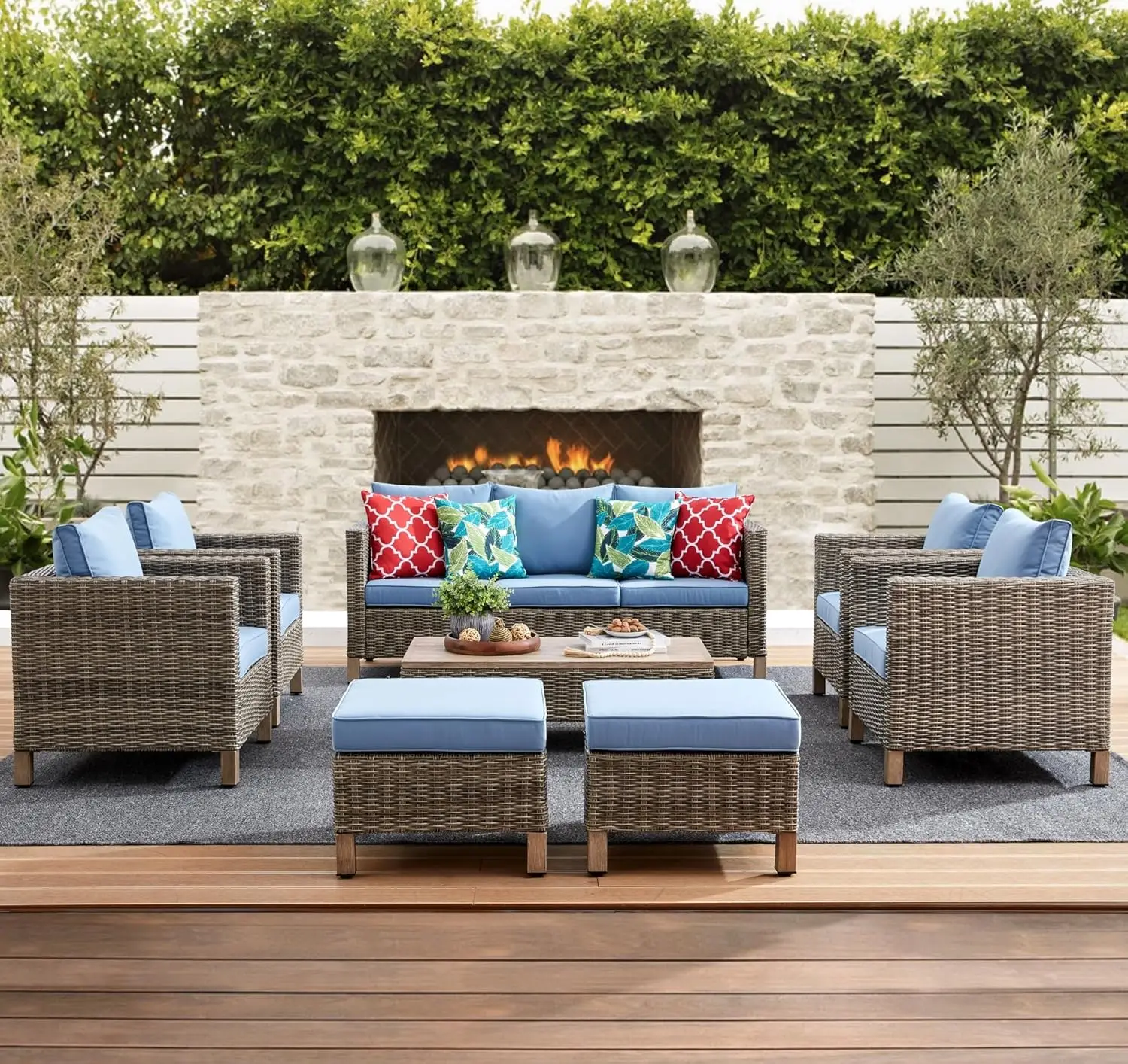 Terrassenmöbel-Sets mit Metallplatte Couch tisch, Korb Rattan Sofa Gartenmöbel Set für Veranda, Pool, Garten