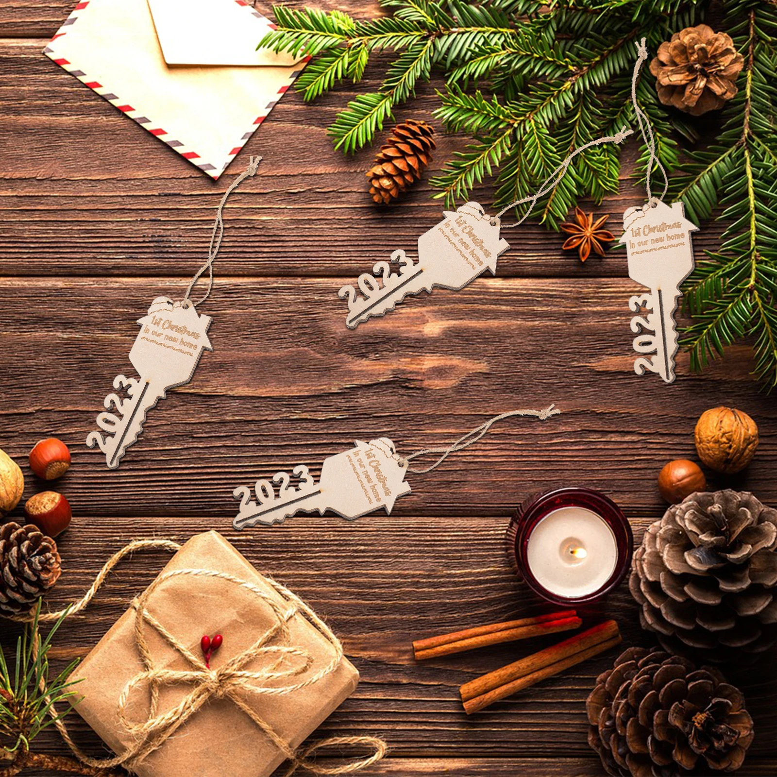 

4Pcs Christmas Tree Key Tag Ornament Creative Wooden Hanging Decor Xmas Party Decoration Christmas Tree Ornament