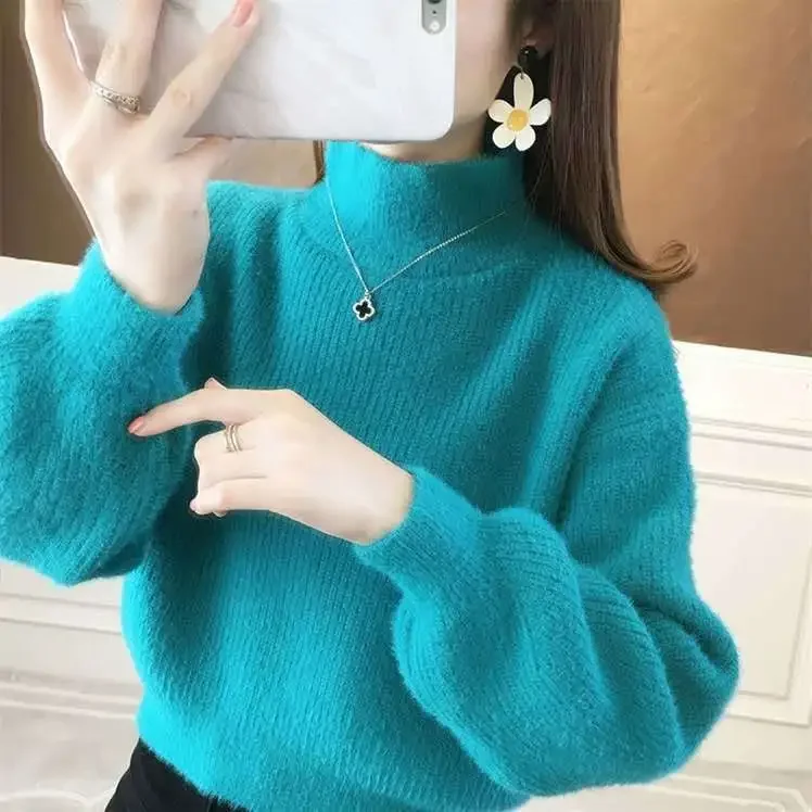 Fashion Women Sweaters Pullovers Mink Sweater Women\'s Autumn Winter Lantern Sleeve Loose Sweater