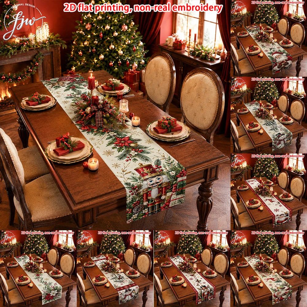 1pc Christmas Table Runner, Winter Holiday Xmas Poinsettia Snowman Nutcracker Table Decor for Dining Room Kitchen Party