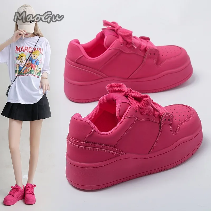Women's Rosered Leather Skateboard Shoes Lace-Up Casual Streetwear Sneakers Breathable Non-Slip Platform Sports Shoes Trend