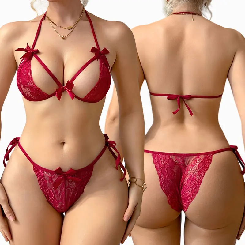 Women's Lingerie Set  Adjustable Lace-up Mini Bra And Panty Sets Sexy Ultra-Thin Underwear Erotic Suit Solid-Color Openwork Bras