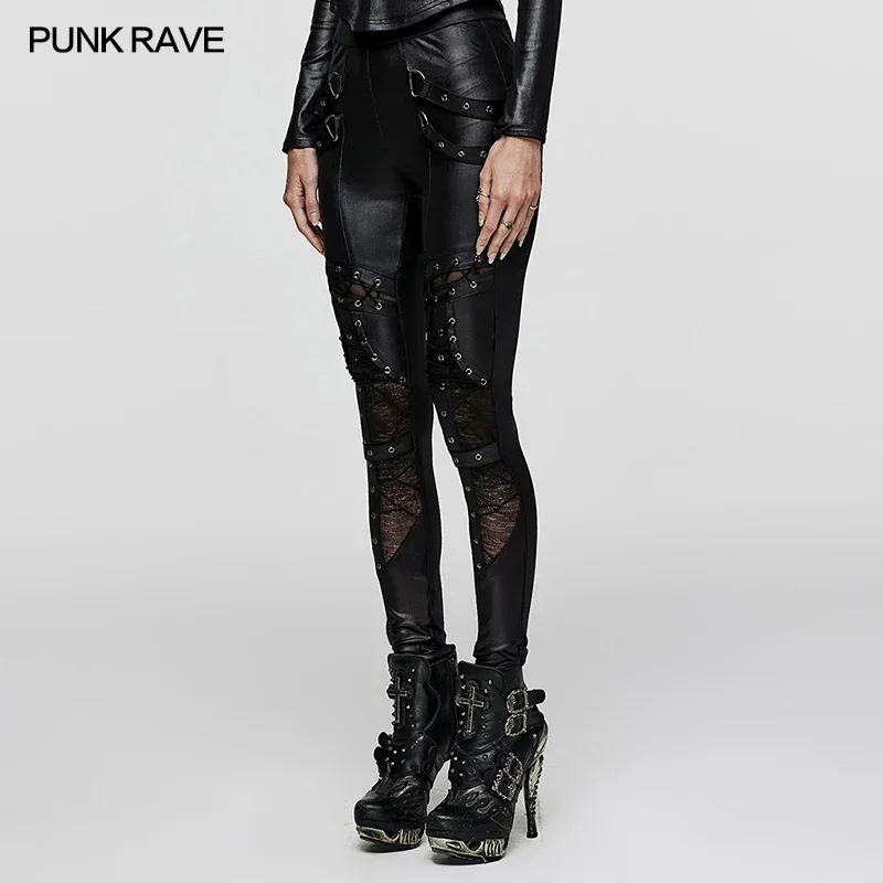 PUNK RAVE Women's Punk Geometrically Divided Textured Knit & Spliced Basic Leggings gothic Sexy Cross Trousers