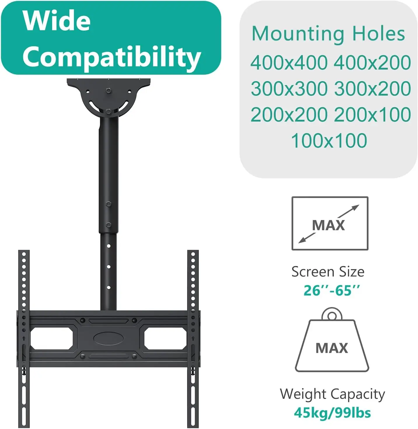 WALI Ceiling TV Mount, Full Motion Adjustable Mount Bracket Fits Most LED, LCD, OLED 4K TVs 26 to 65 inch, up 99lbs,