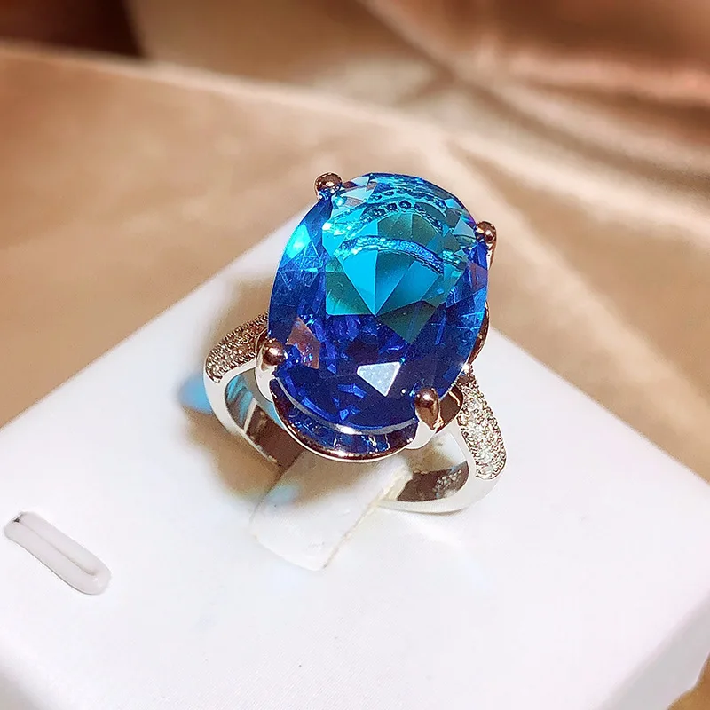 Classic Blue Geometric Oval Banquet Party Non-fade Ring Light Luxury Opening Adjustable Ladies 925 Sterling Silver Jewelry
