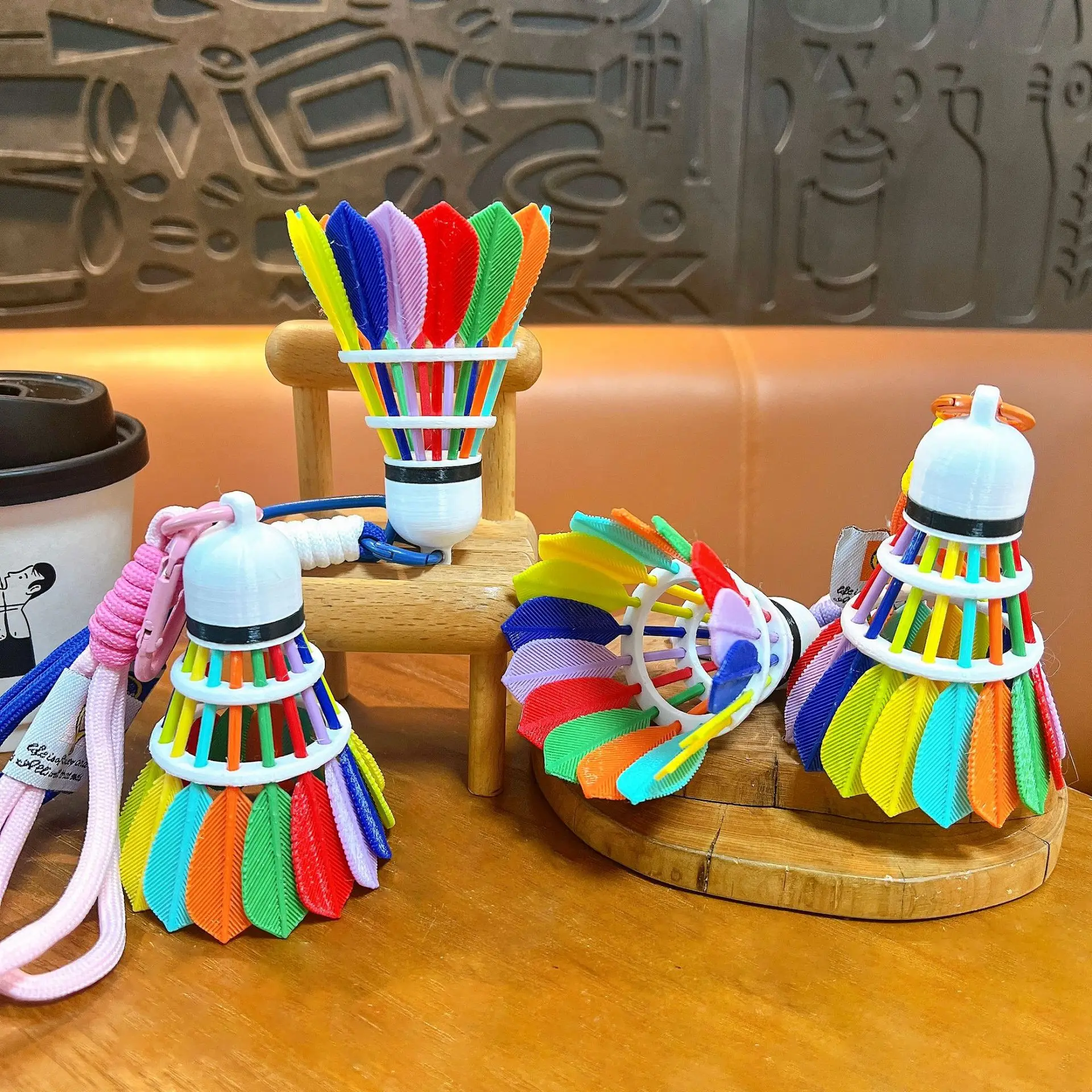 3D Rainbow Badminton Shuttlecock Keychain Colorful Braided Rope Keyring Friends Bag Charm Stress Relief Toy For Sports Team