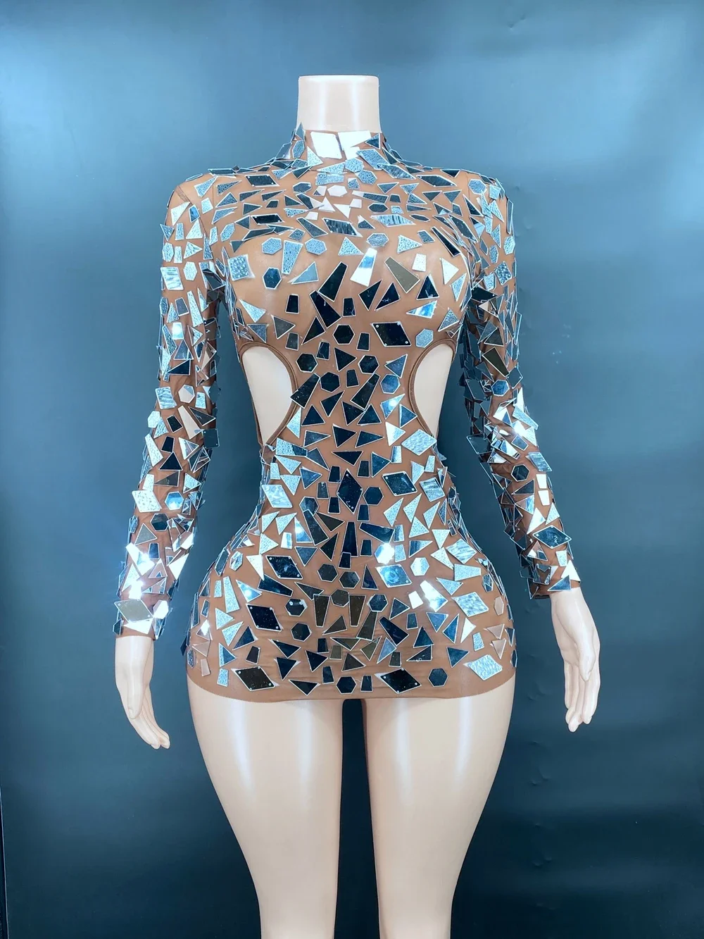 Sexy Mesh See Through Long Sleeve Hollow Out Short Dress Shining Mirrors Birthday Club Party Dress Singer Dancer Show Stage Wear