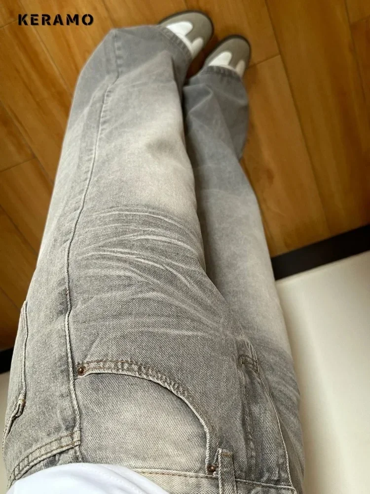 Women\'s Grey Vintage Jeans High Street Denim Trouser Casual Goth Pants High Waist Straight Streetwear Baggy Hosen Female Y2K