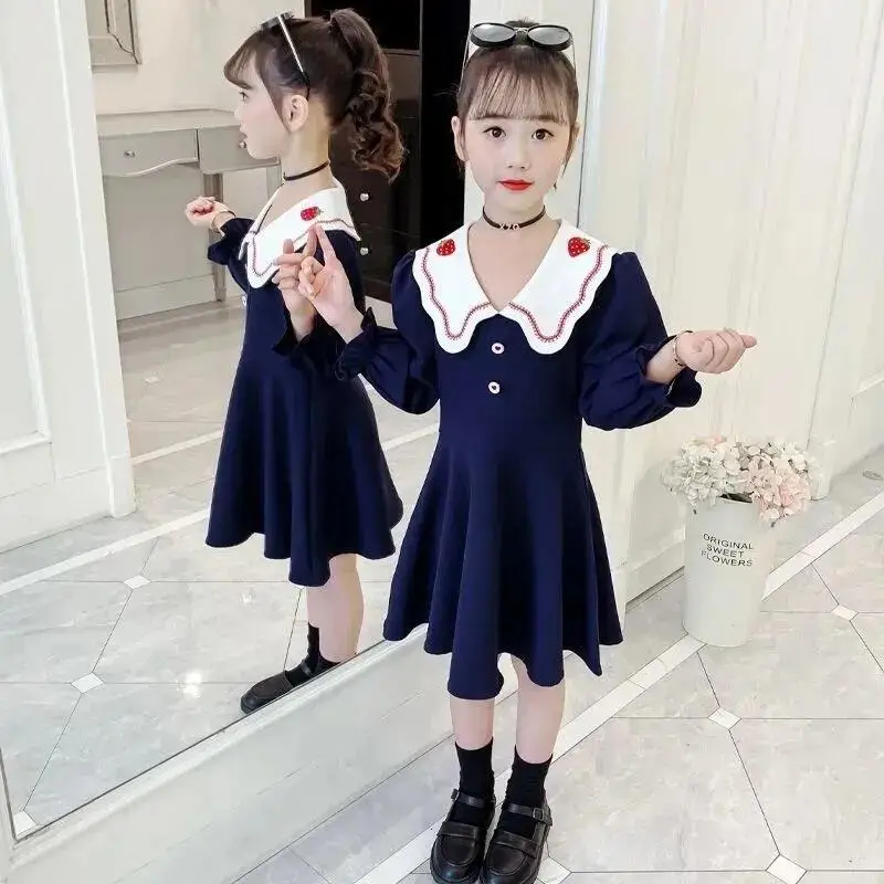 

Kawaii модное красивое платье с длинными рукавами и лацканами для девочек, студенческое весенне-осеннее повседневное платье принцессы с героями мультфильмов, детская одежда