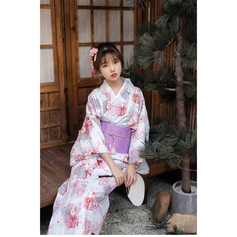 Japanese Traditional Kimono Gown With Obi Print Dresses Costume Women Ladies Geisha Haori Yukata Kimono Gown Suit