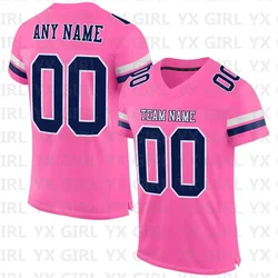 Custom Pink Navy-White Mesh Authentic Football Jersey Personlized Team name and you name number V-Neck Football T-Shirts