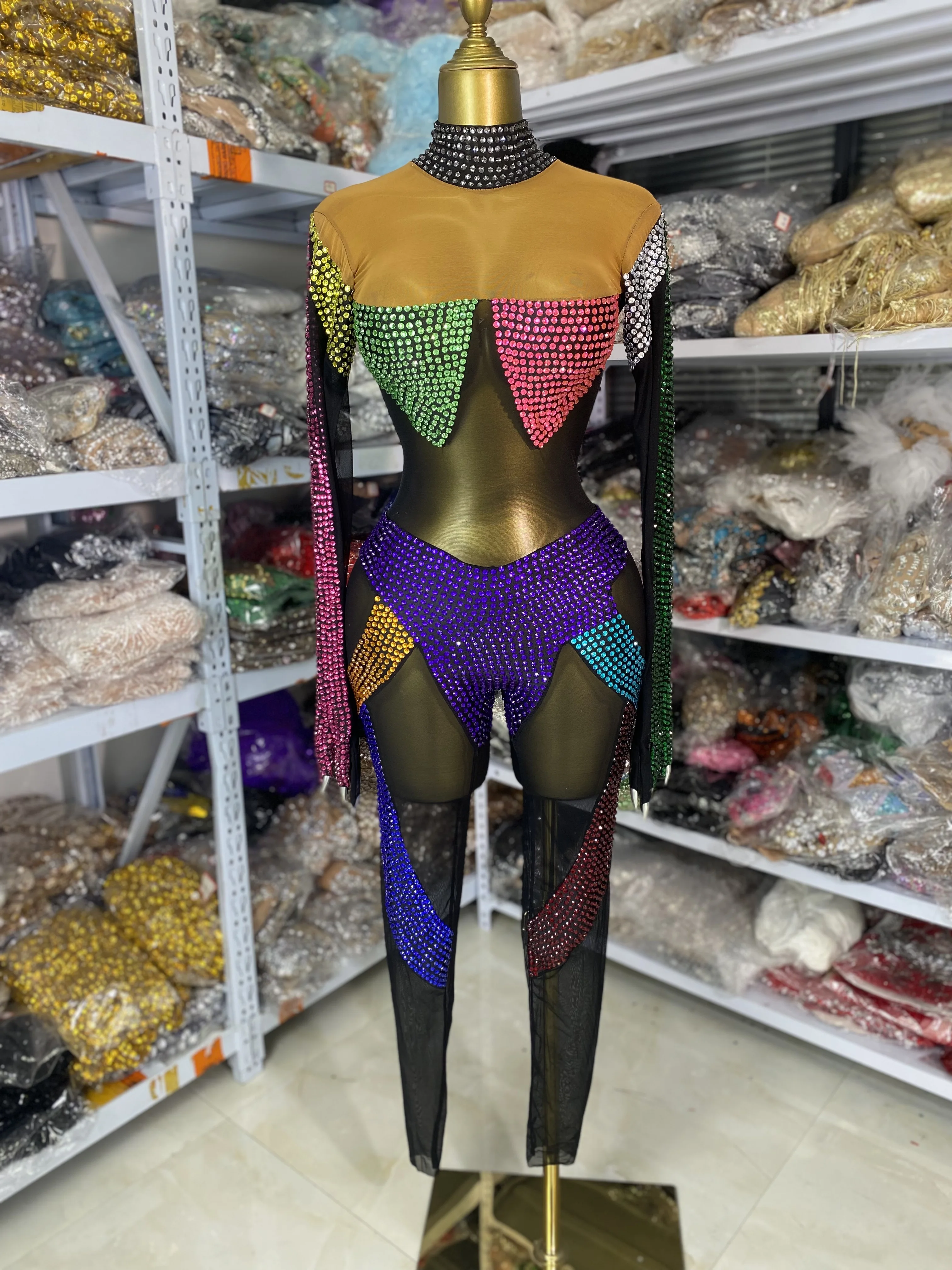 

Women Colorful Rhinestones Mesh Gloves Sleeve See Through Bodycon Halloween Dress Evening Club Party Cosplay Stage Costumes