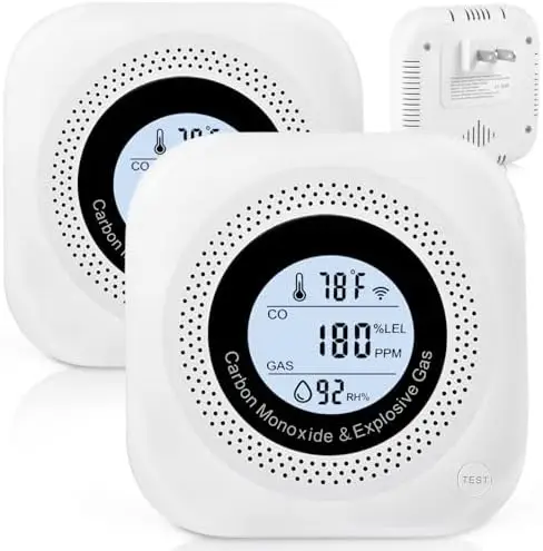 

4-in-1 Portable Gas Leak Detector with CO, Temperature & Humidity Monitoring for Home, RV, Hotel (White)