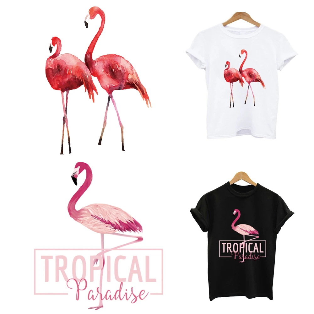 2Pcs/Lot Flamingo Iron On Fusible Thermo-Adhesive Patches Heat Thermal Transfer T Shirt Stickers For Ironing Application Clothes