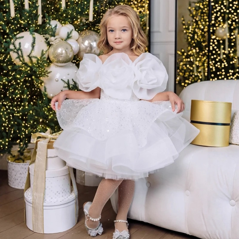White Princess Tulle Floral Dress Kids Sequin Gown Children Girls Birthday Party Formal Celebration Evening Dresses Costume