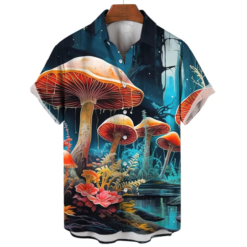 Summer Shirt For Men Mushroom Magic Floral Fashion 3d Printing Harajuku Short Sleeve Street Casual Tops Size Imported Clothing