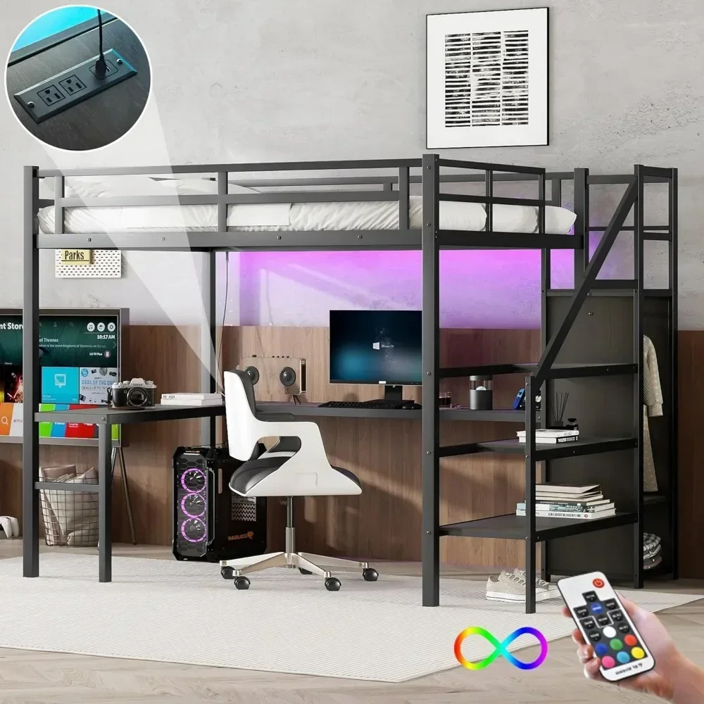 Metal Loft Bed with Desk and Wardrobe,Heavy Duty Loft Bed Frame with Storage Stairs,LED Loft Bed Full XL with Charging Station