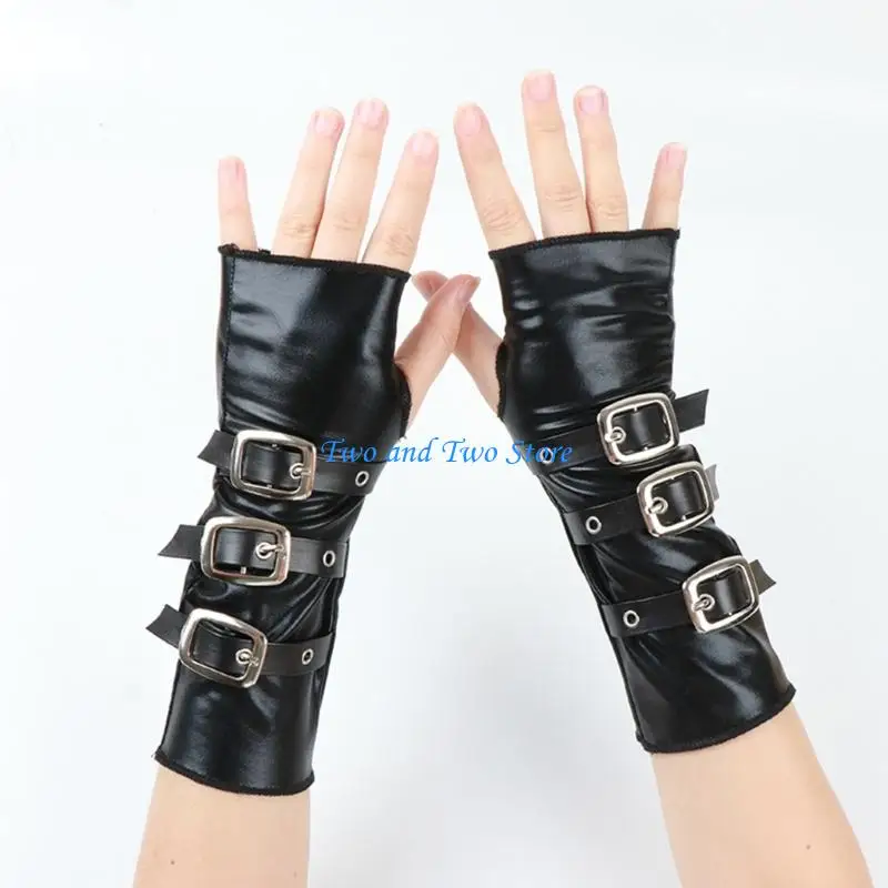 Gants hx6f punk avec boucles métalliques Fixage des manches à bras doux gants sans doigts pour danse nuit