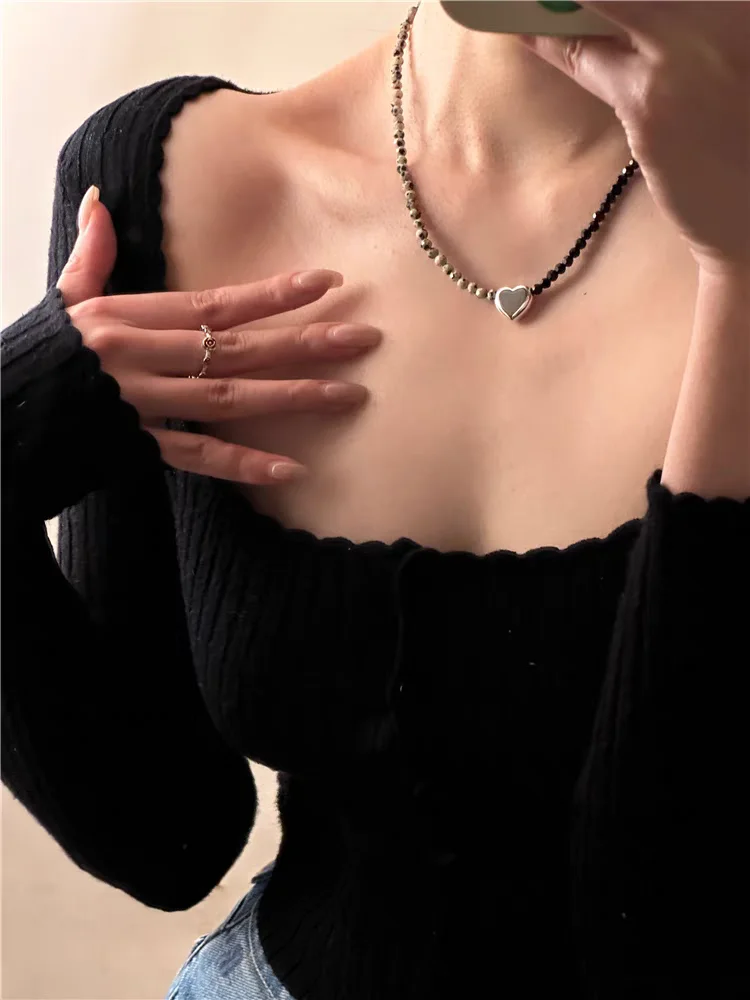 Brass Natural Beads Heart Pendant Choker Necklace Wowen Jewelry Party Designer T Show Runway Gown Japan Korean Fashion view 4