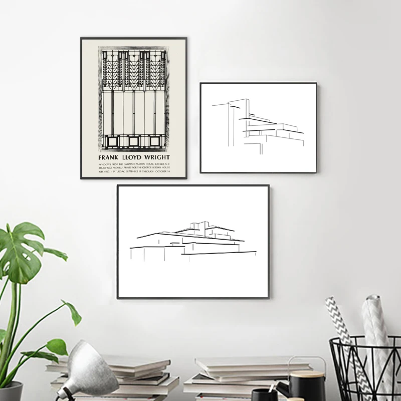 Frank Lloyd Wright's Artwork Prints Falling Water House Abstract Line Drawing Minimalist Poster Canvas Painting Wall Art Decor